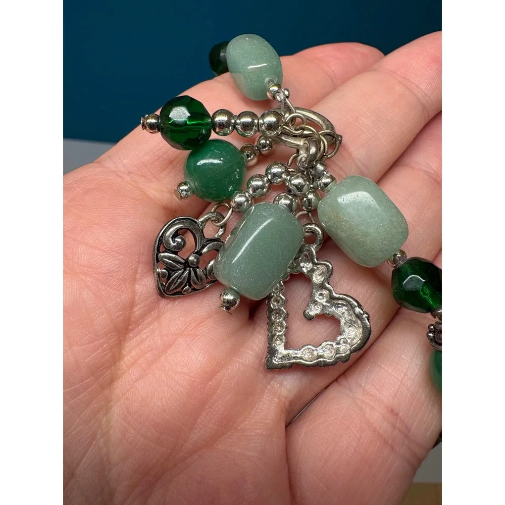 Green Aventurine Glass Bead Heart Charm Toggle Bracelet Silver Tone Boho